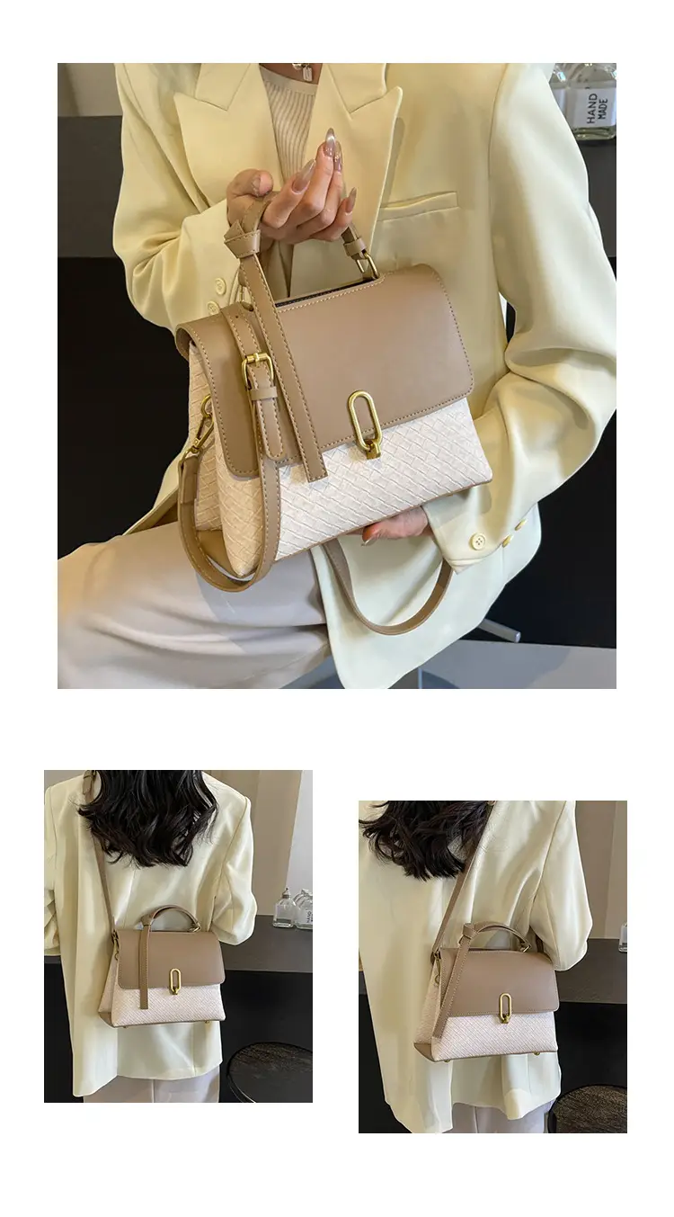 Women's Beige White Textured Shoulder Bag with Gold Clasp — feature 14