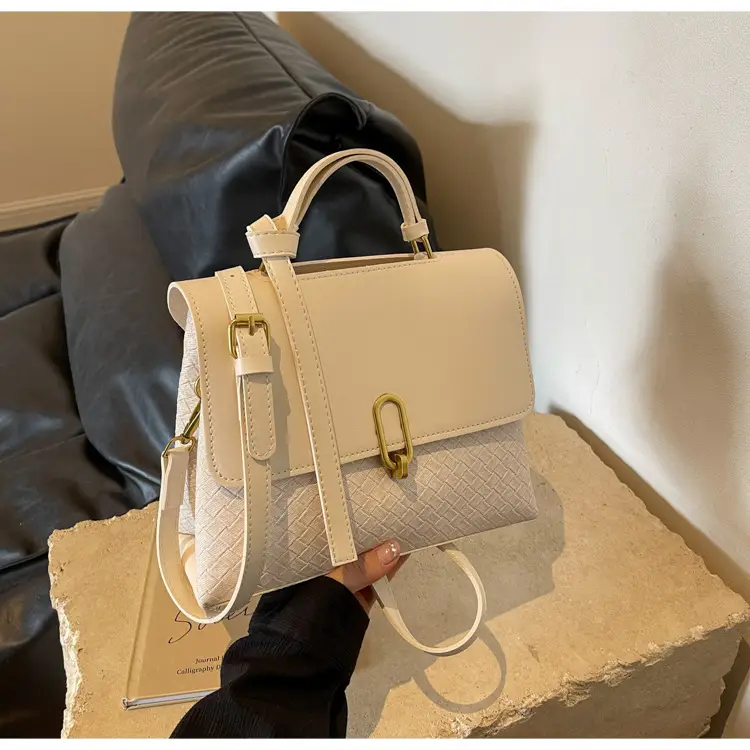 Women's Beige White Textured Shoulder Bag with Gold Clasp — feature 16