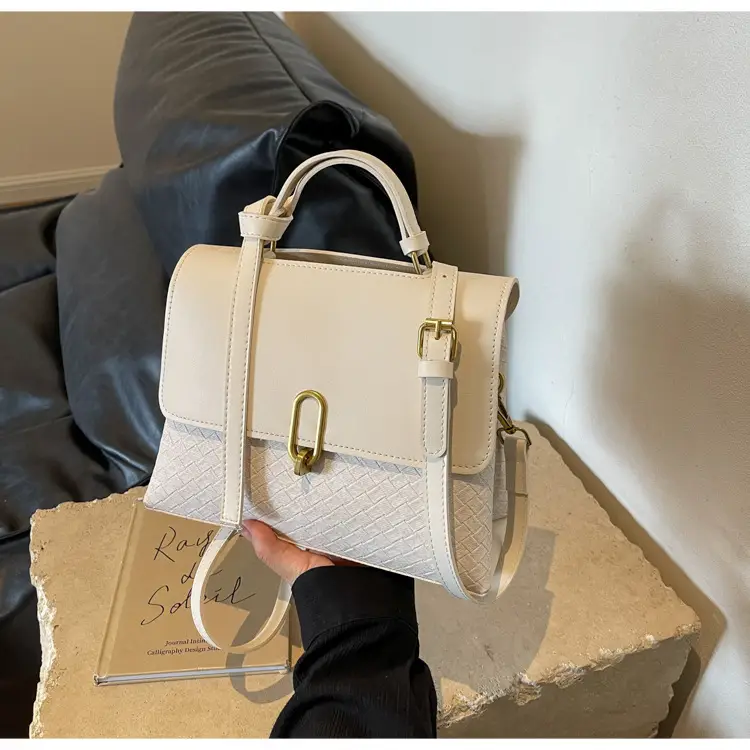 Women's Beige White Textured Shoulder Bag with Gold Clasp — feature 17