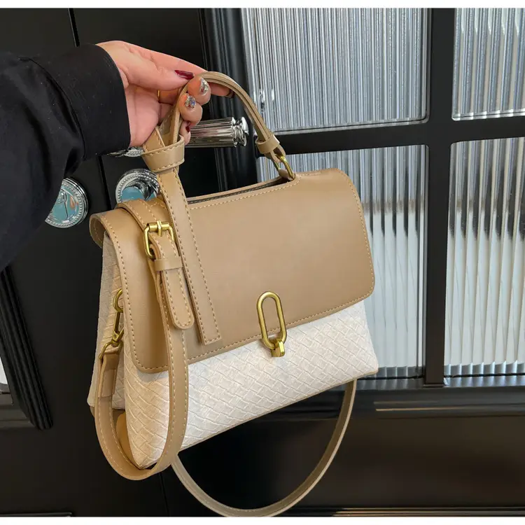 Women's Beige White Textured Shoulder Bag with Gold Clasp — feature 22