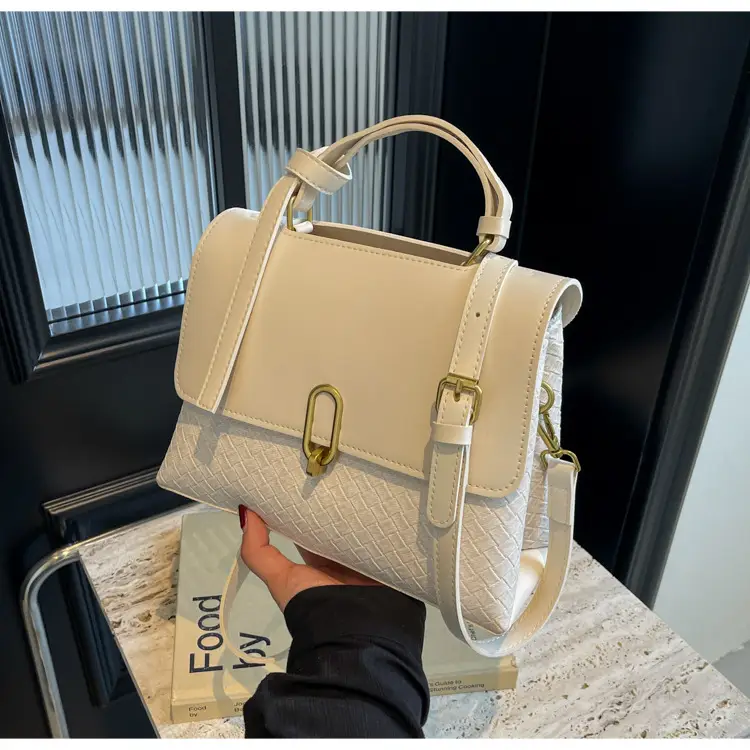 Women's Beige White Textured Shoulder Bag with Gold Clasp — feature 23