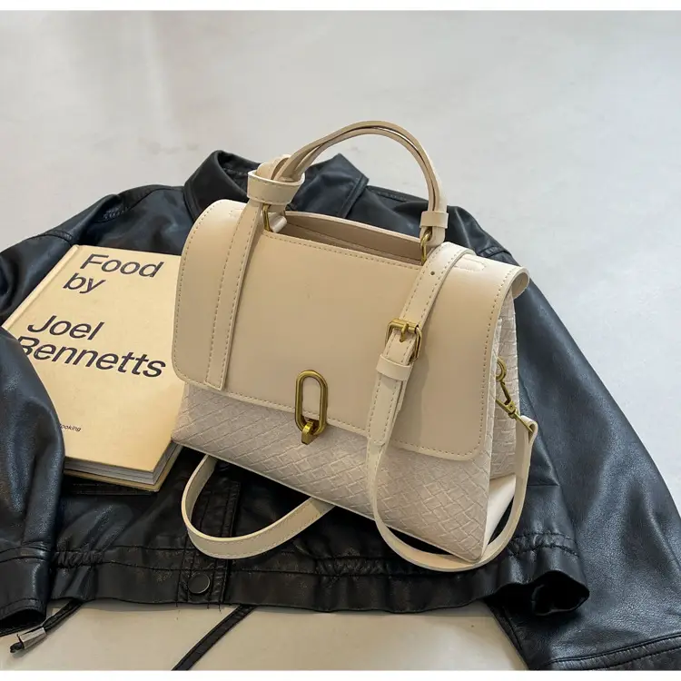 Women's Beige White Textured Shoulder Bag with Gold Clasp — feature 26