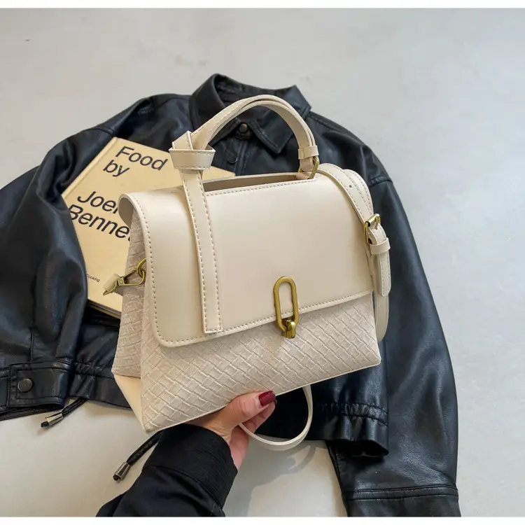 Women's Beige White Textured Shoulder Bag with Gold Clasp — feature 27
