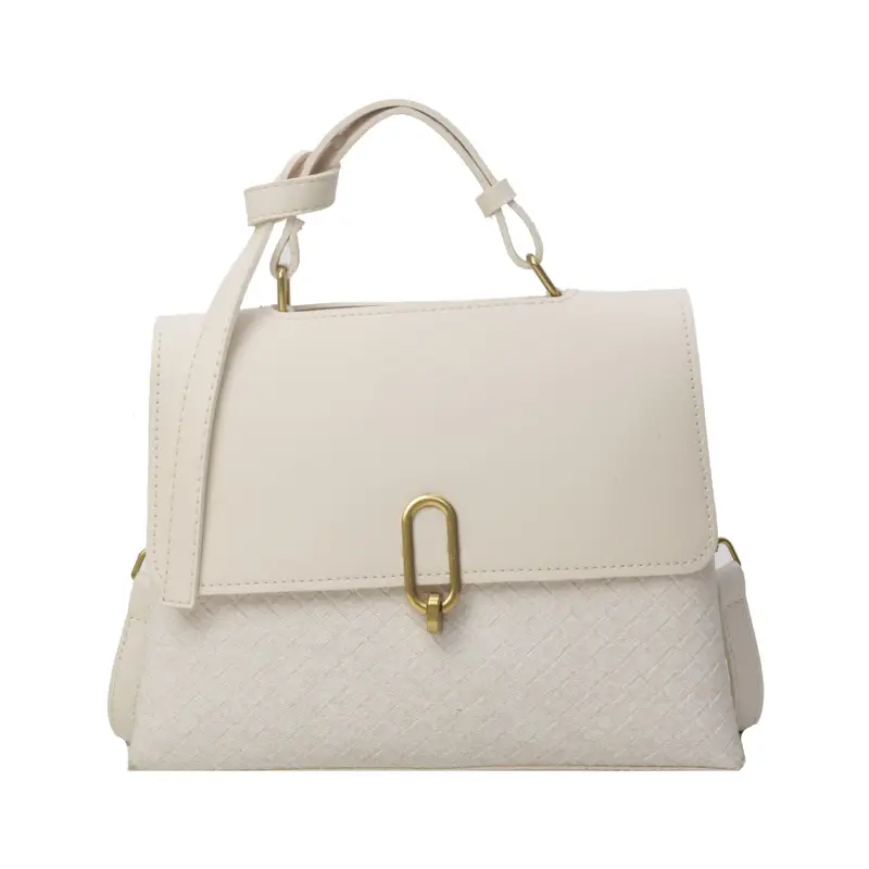 Women's Beige White Textured Shoulder Bag with Gold Clasp - Image 2