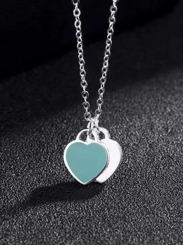 Double Heart Enamel Necklace Women's T Home Same Style Blue Internet Celebrity All-match Peach Heart Clavicle Chain - Image 11