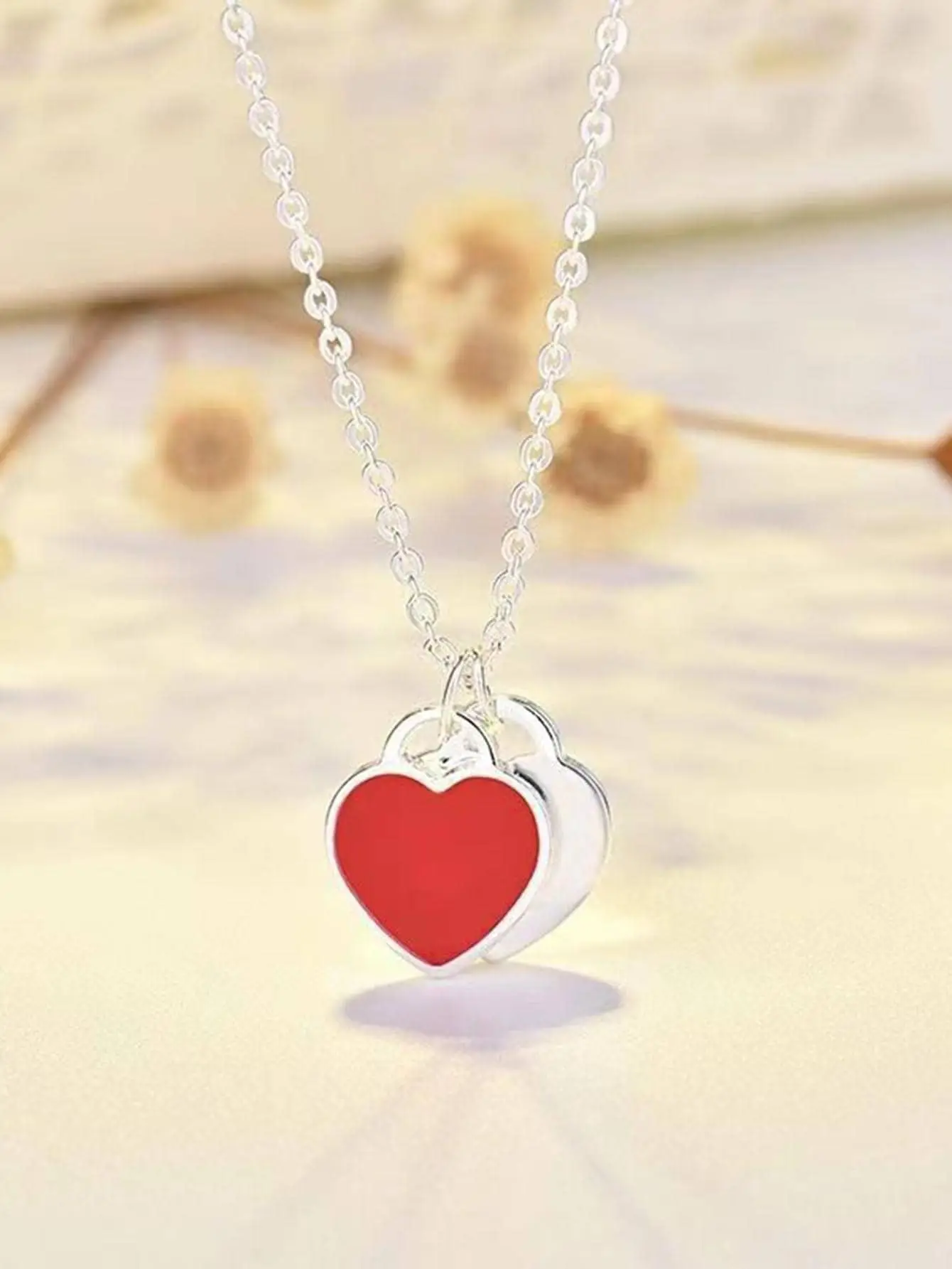 Double Heart Enamel Necklace Women's T Home Same Style Blue Internet Celebrity All-match Peach Heart Clavicle Chain - Image 12