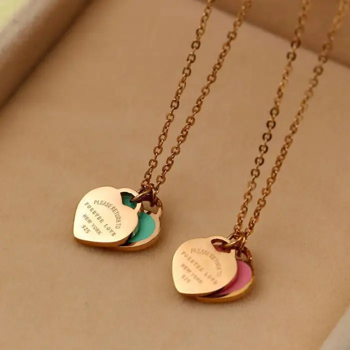 Double Heart Enamel Necklace Women's T Home Same Style Blue Internet Celebrity All-match Peach Heart Clavicle Chain — feature 4