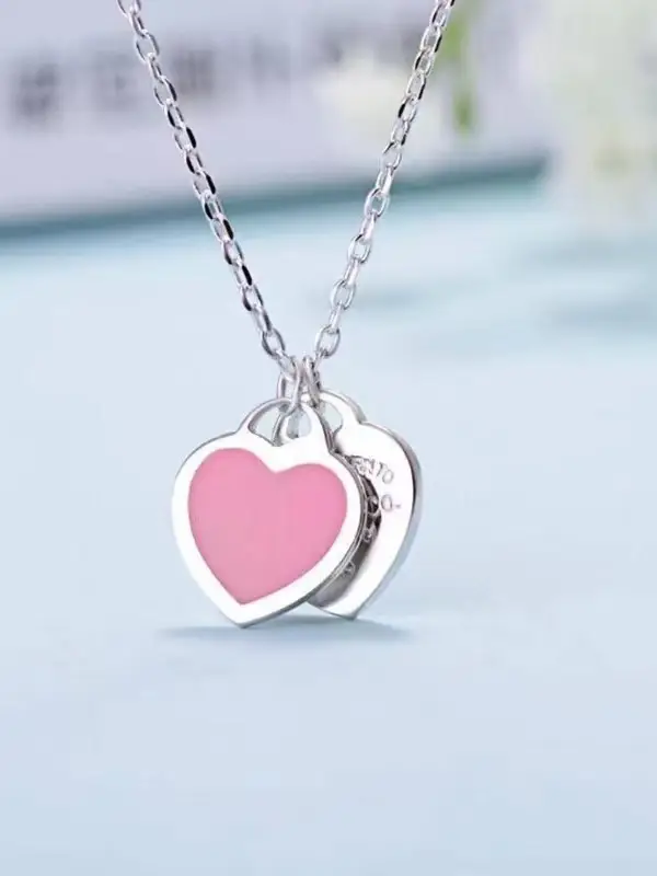 Double Heart Enamel Necklace Women's T Home Same Style Blue Internet Celebrity All-match Peach Heart Clavicle Chain — feature 6
