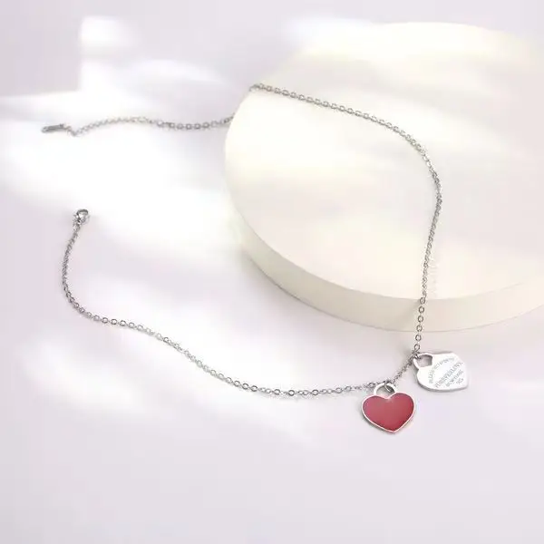 Double Heart Enamel Necklace Women's T Home Same Style Blue Internet Celebrity All-match Peach Heart Clavicle Chain - Image 2