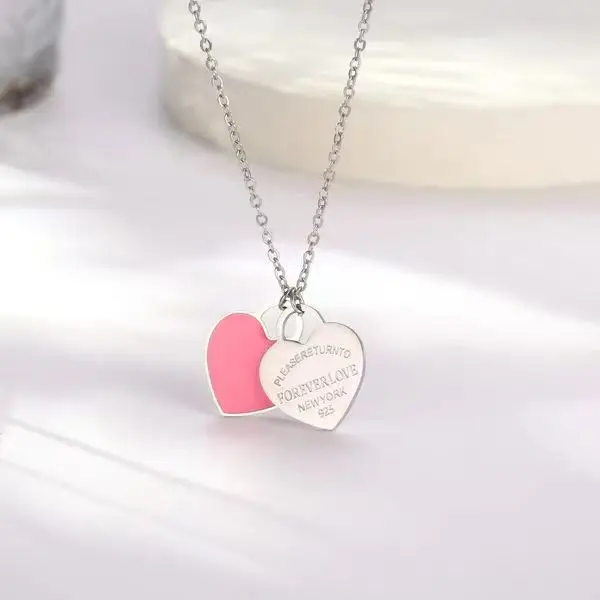Double Heart Enamel Necklace Women's T Home Same Style Blue Internet Celebrity All-match Peach Heart Clavicle Chain - Image 3
