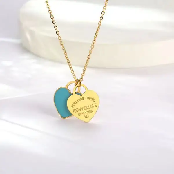 Double Heart Enamel Necklace Women's T Home Same Style Blue Internet Celebrity All-match Peach Heart Clavicle Chain - Image 4
