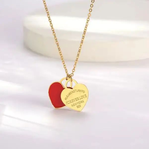 Double Heart Enamel Necklace Women's T Home Same Style Blue Internet Celebrity All-match Peach Heart Clavicle Chain - Image 5