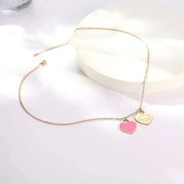 Double Heart Enamel Necklace Women's T Home Same Style Blue Internet Celebrity All-match Peach Heart Clavicle Chain - Image 6