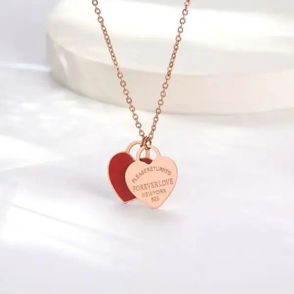 Double Heart Enamel Necklace Women's T Home Same Style Blue Internet Celebrity All-match Peach Heart Clavicle Chain - Image 7