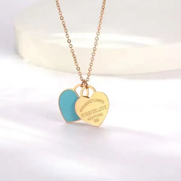 Double Heart Enamel Necklace Women's T Home Same Style Blue Internet Celebrity All-match Peach Heart Clavicle Chain - Image 8