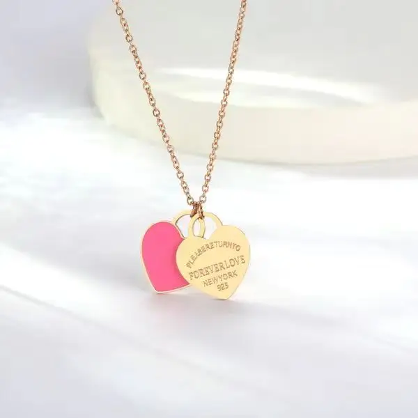 Double Heart Enamel Necklace Women's T Home Same Style Blue Internet Celebrity All-match Peach Heart Clavicle Chain - Image 9