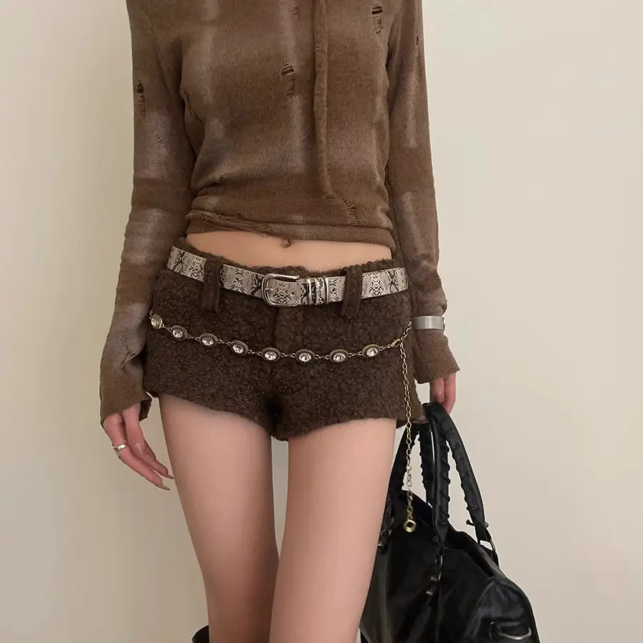 Women's Leopard Print Belt with Faux Fur Shorts Brown - Image 4