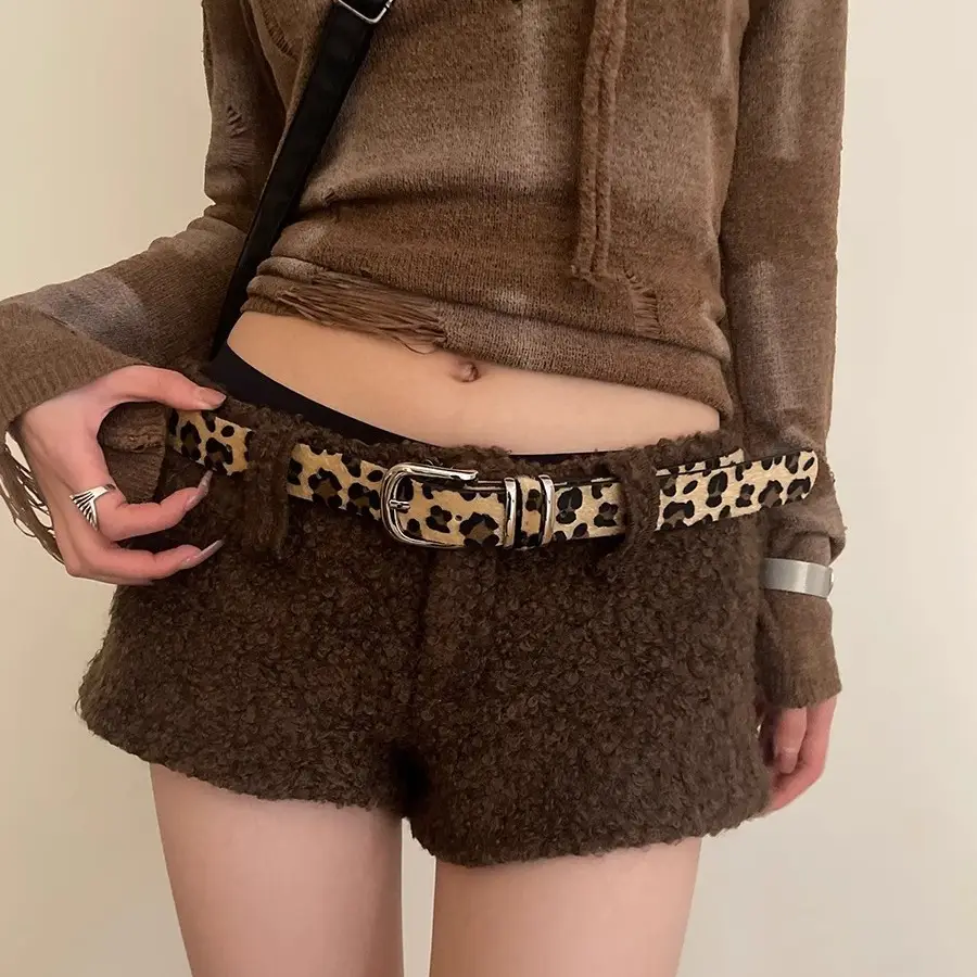 Women's Leopard Print Belt with Faux Fur Shorts Brown - Image 5