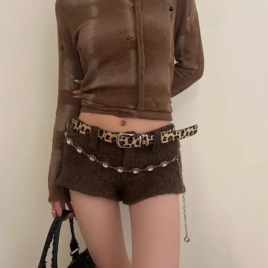 Women's Leopard Print Belt with Faux Fur Shorts Brown - Image 6