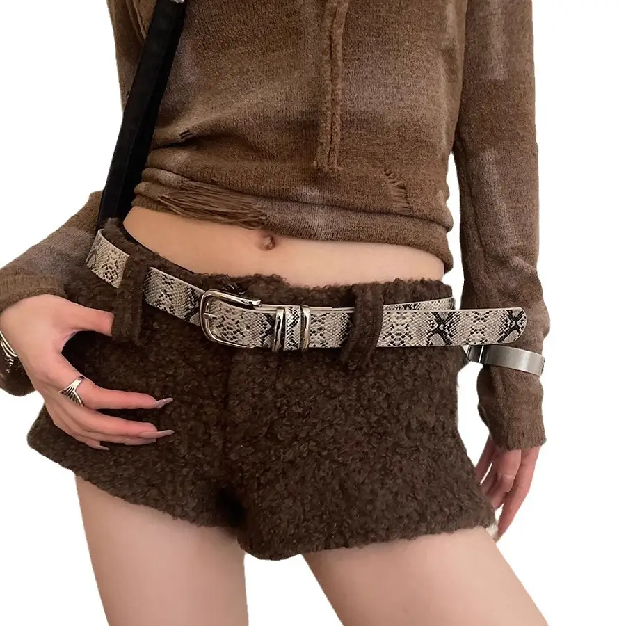 Women's Leopard Print Belt with Faux Fur Shorts Brown - Image 7