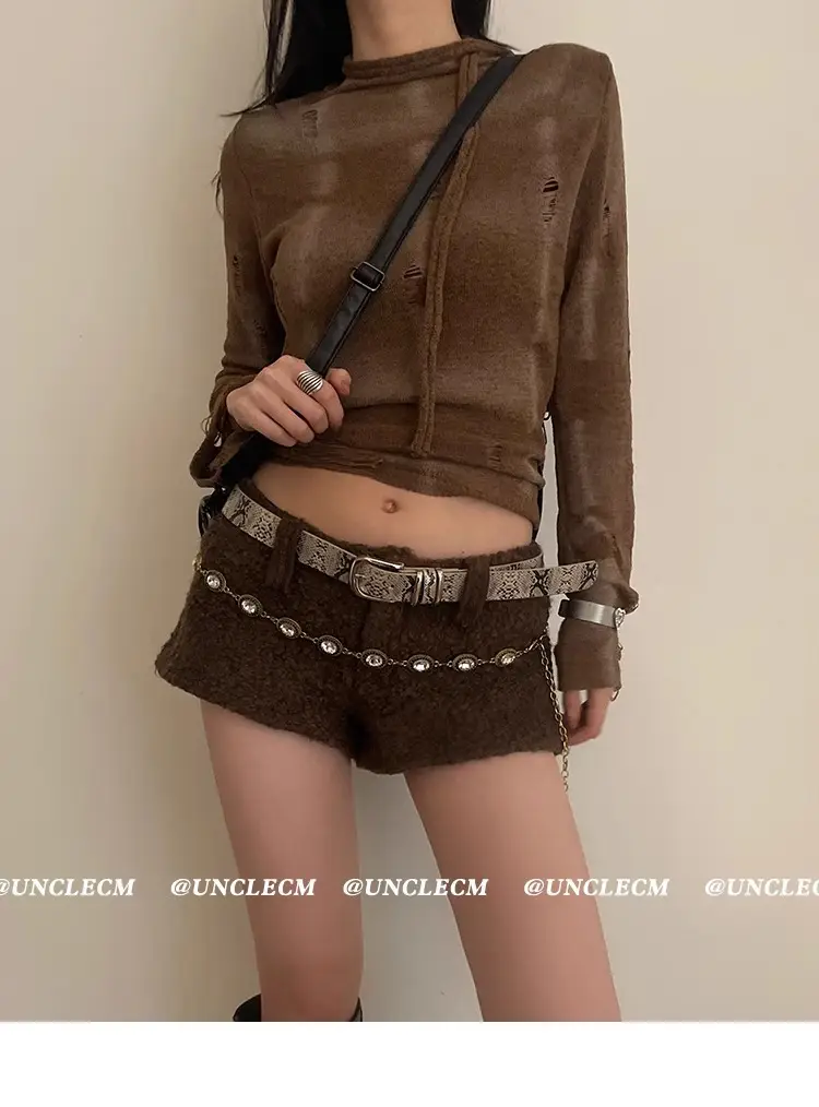 Women's Leopard Print Belt with Faux Fur Shorts Brown — feature 2