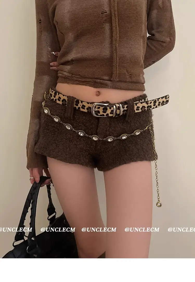 Women's Leopard Print Belt with Faux Fur Shorts Brown — feature 3