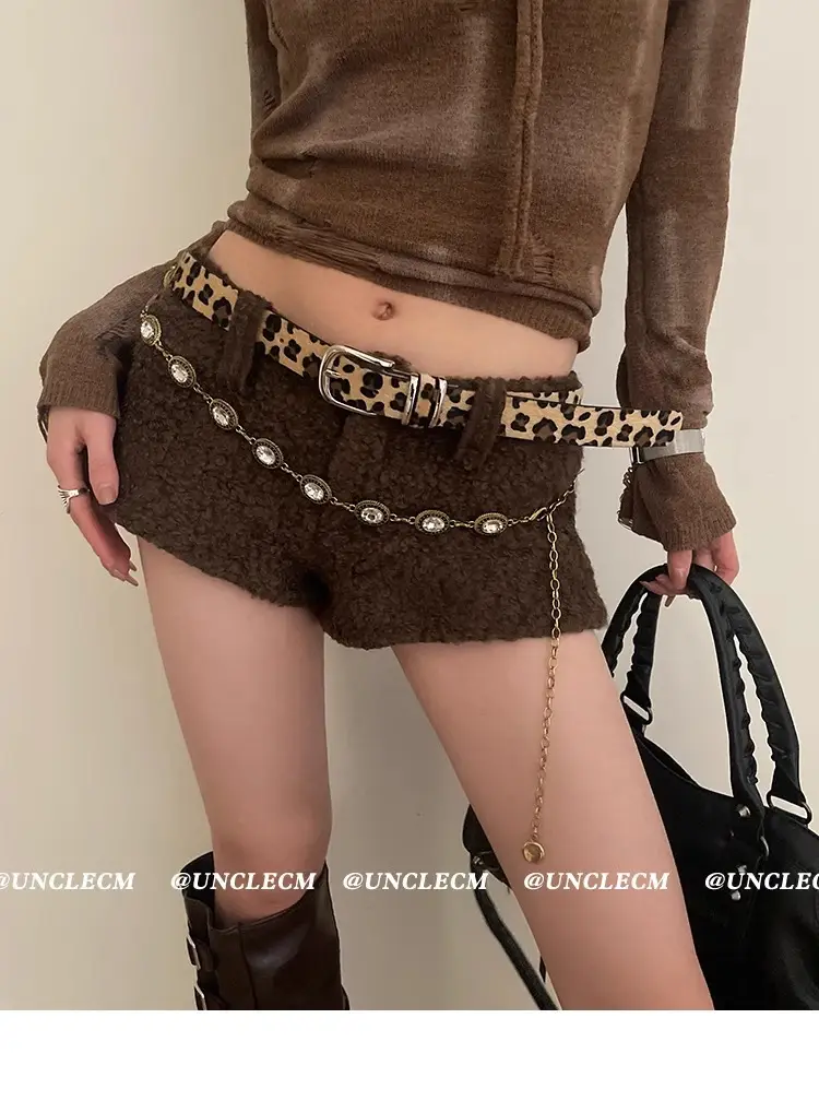 Women's Leopard Print Belt with Faux Fur Shorts Brown — feature 4