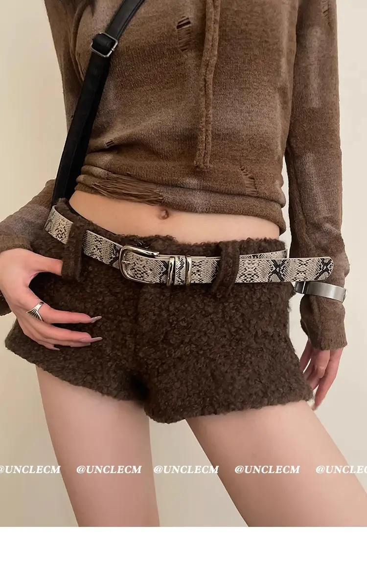 Women's Leopard Print Belt with Faux Fur Shorts Brown — feature 5
