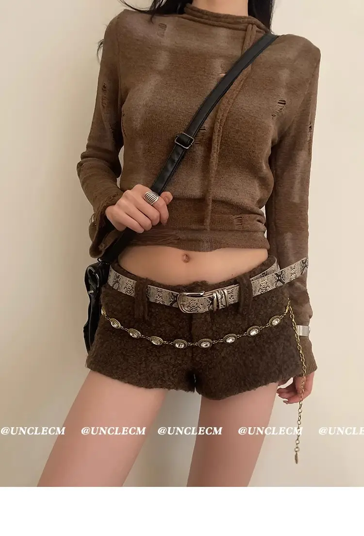 Women's Leopard Print Belt with Faux Fur Shorts Brown — feature 6