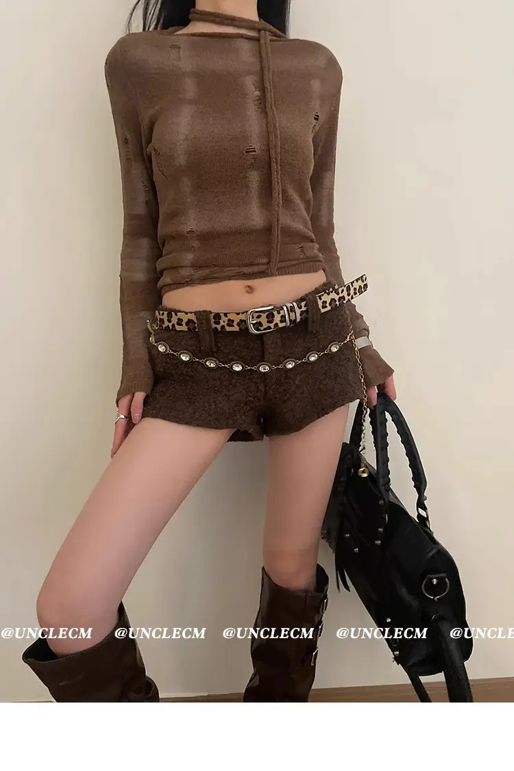 Women's Leopard Print Belt with Faux Fur Shorts Brown — feature 7