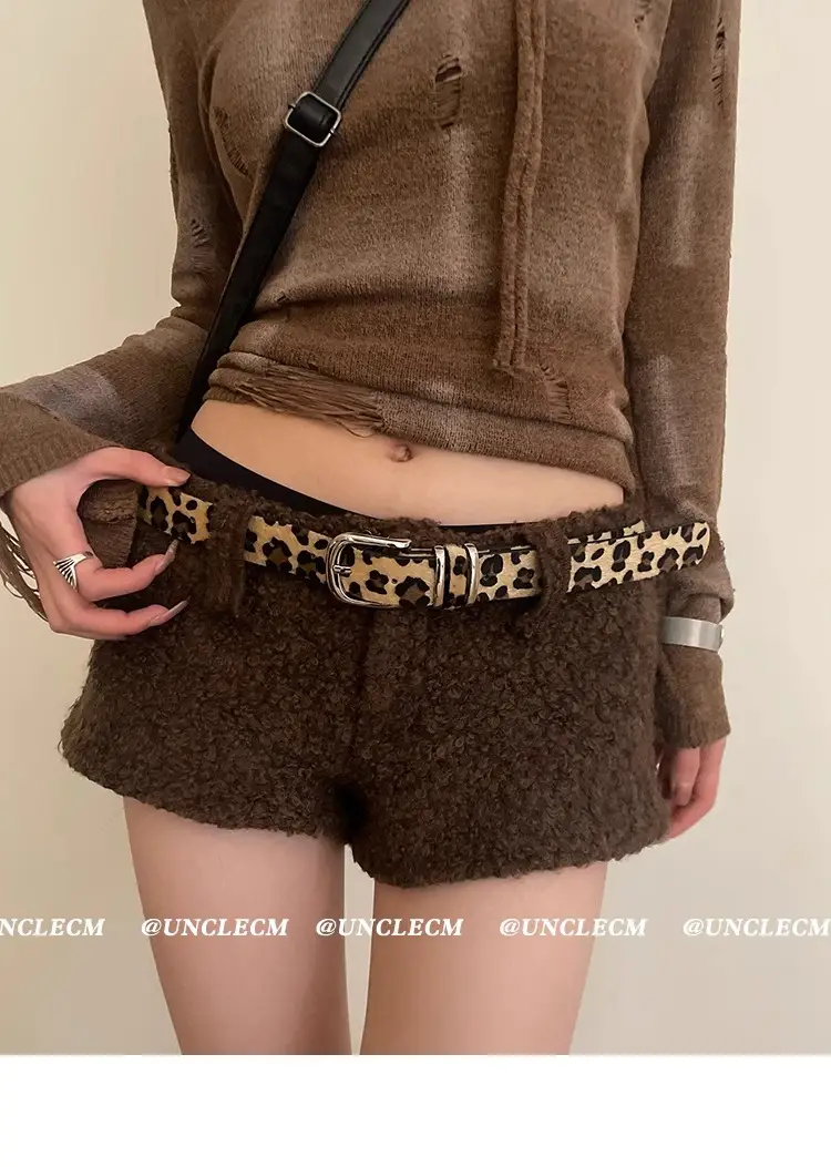 Women's Leopard Print Belt with Faux Fur Shorts Brown — feature 8