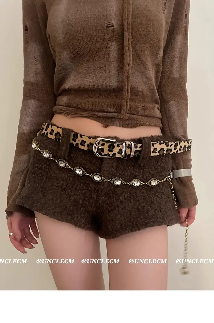 Women's Leopard Print Belt with Faux Fur Shorts Brown — feature 9