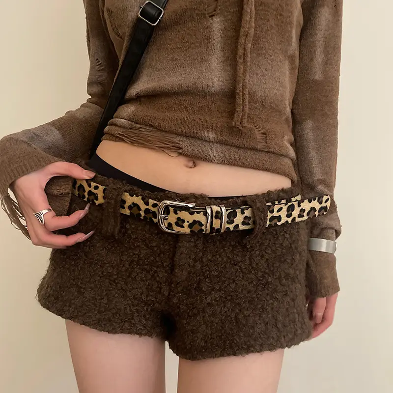 Women's Leopard Print Belt with Faux Fur Shorts Brown - Image 2