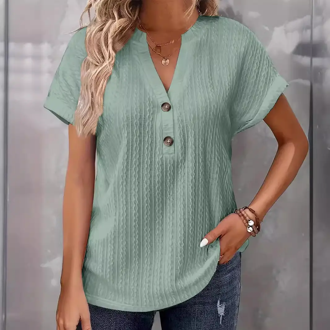 Women Button V Neck T-Shirt White 2024 - Image 5