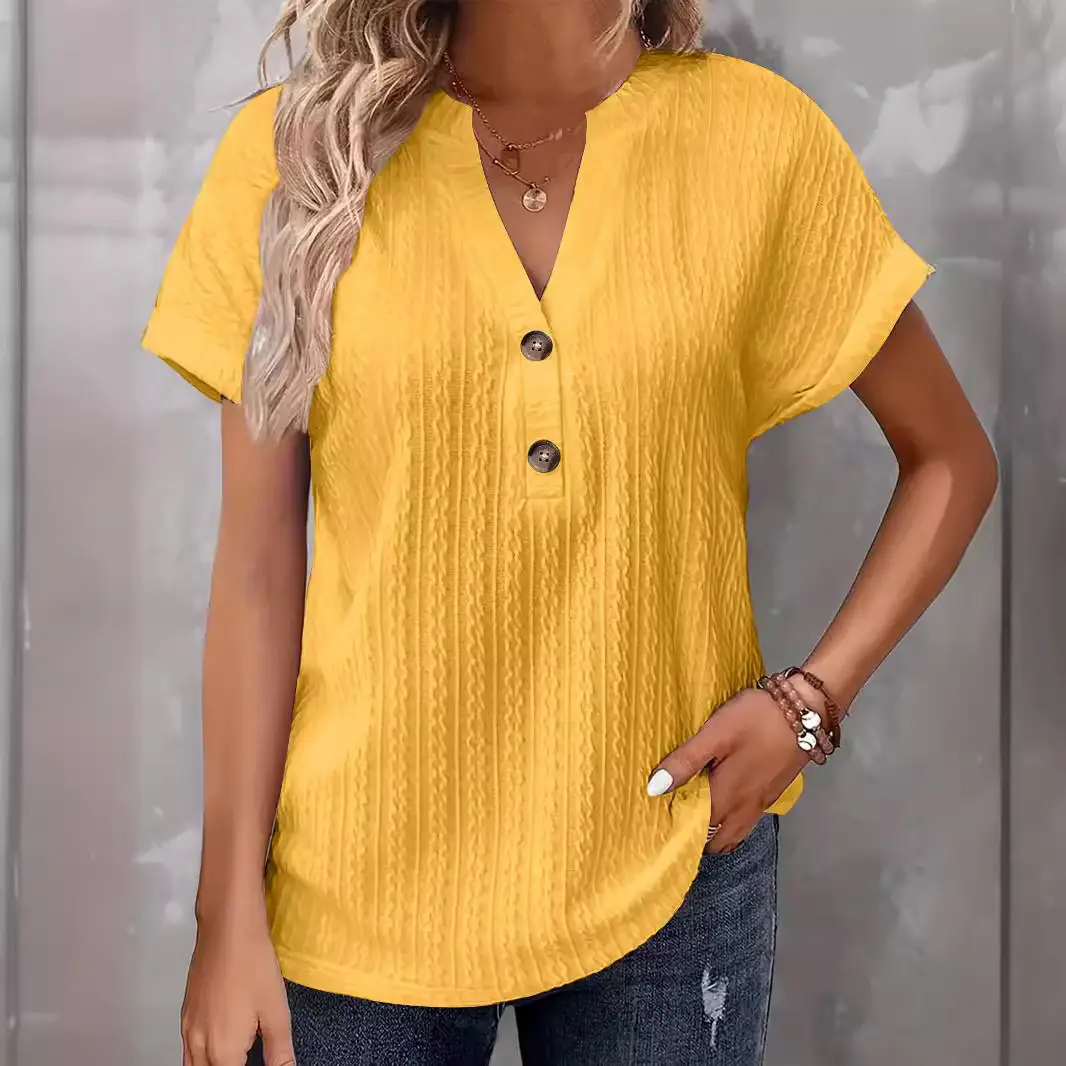Women Button V Neck T-Shirt White 2024 - Image 4