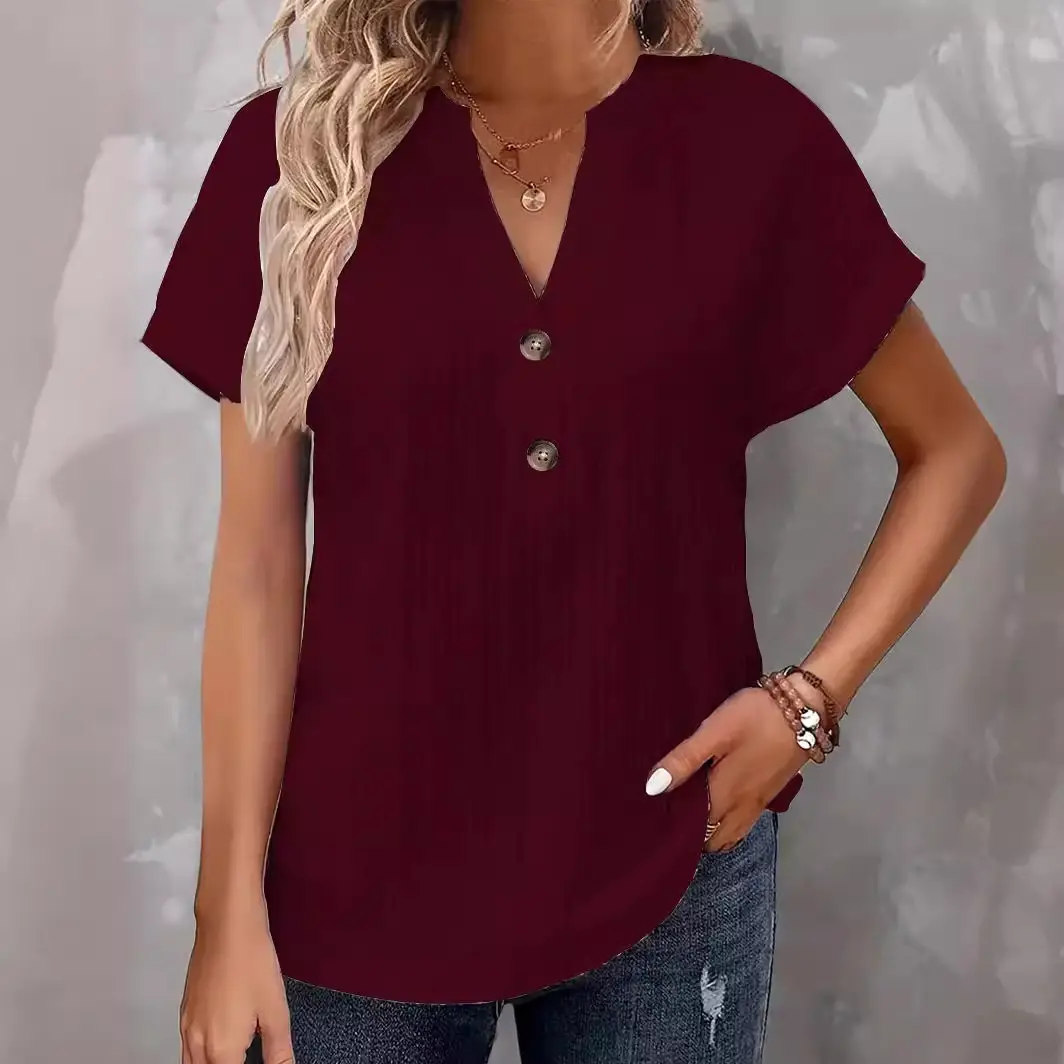 Women Button V Neck T-Shirt White 2024 - Image 7