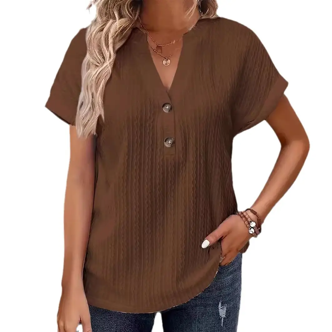Women Button V Neck T-Shirt White 2024 - Image 8