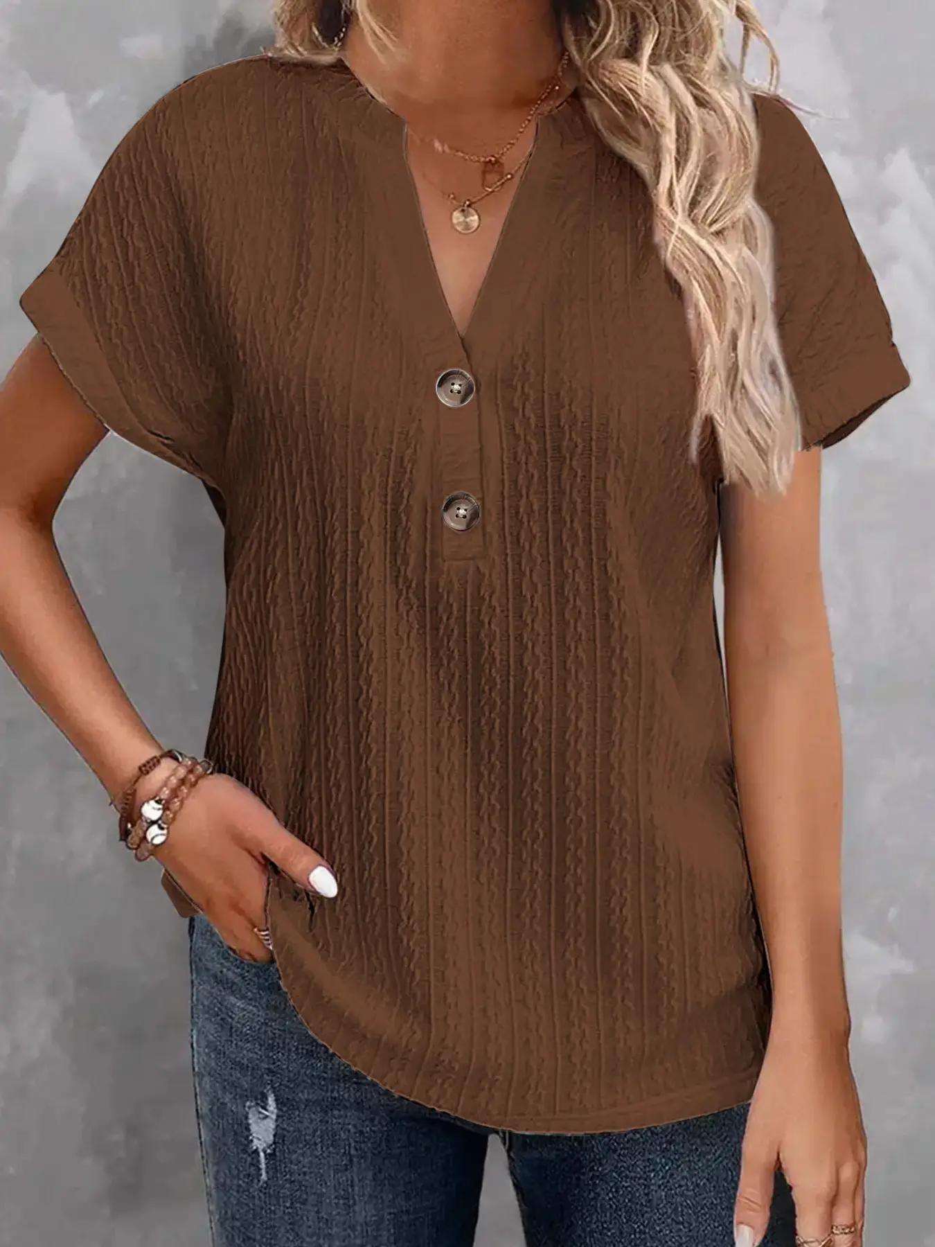 Women Button V Neck T-Shirt White 2024 - Image 2