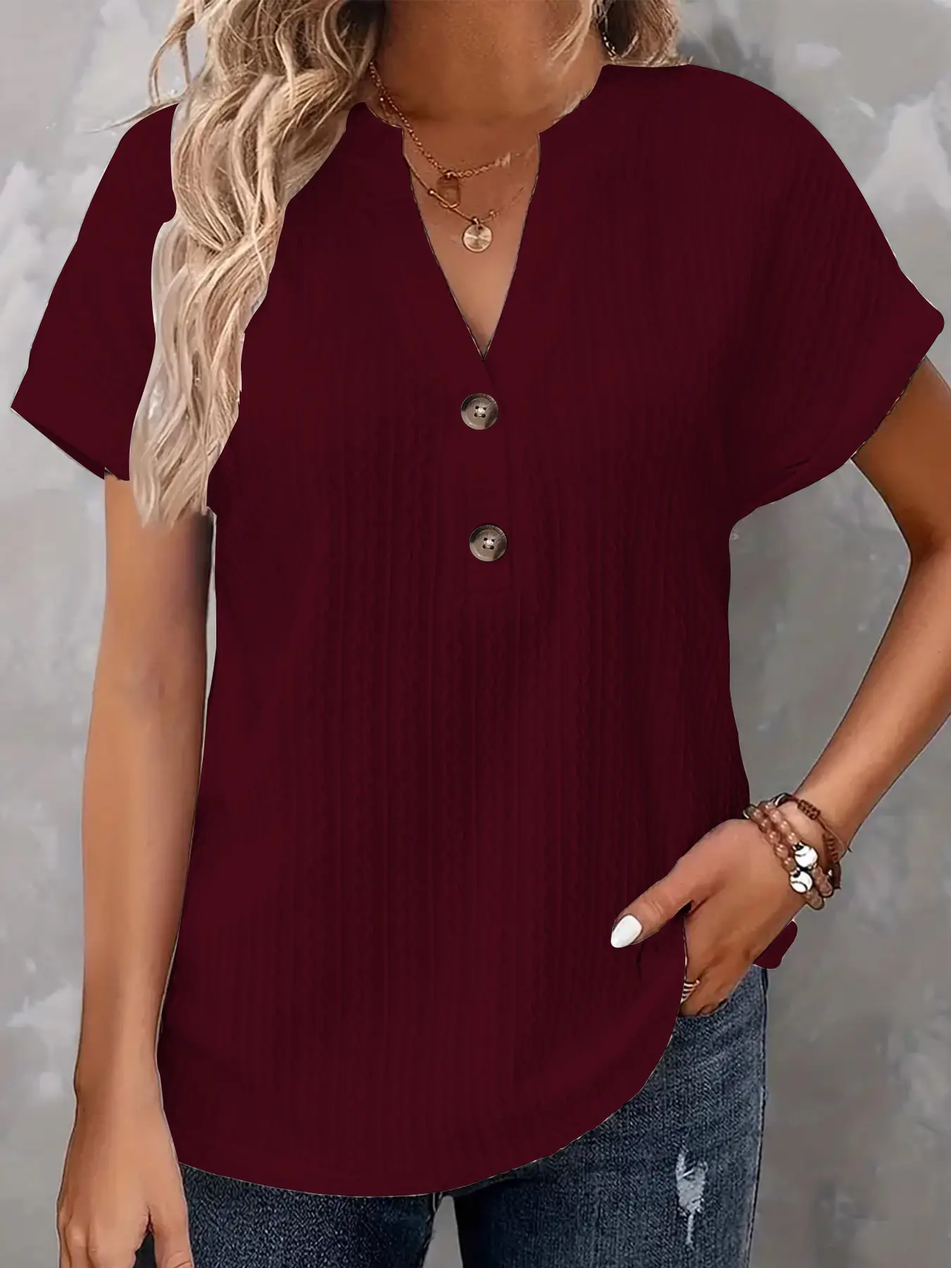 Women Button V Neck T-Shirt White 2024 - Image 3