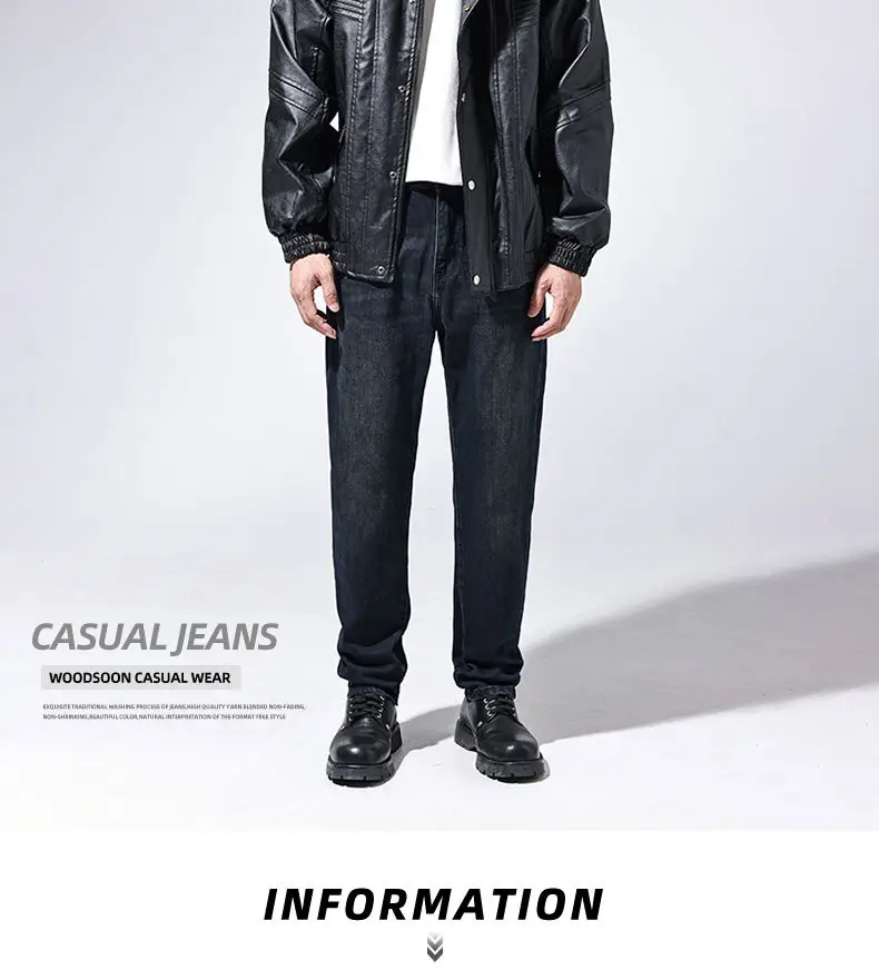 Men Dark Blue Stretch Tapered Jeans Spring — feature 1