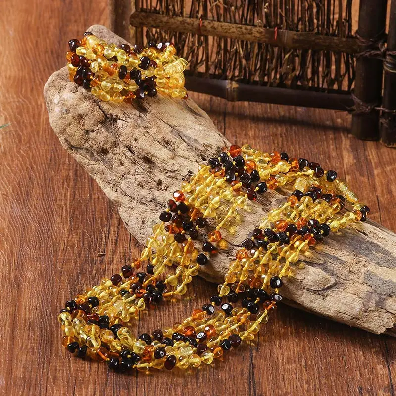 Natural Baltic Amber Beaded Necklace Bracelet Gold Red Black
