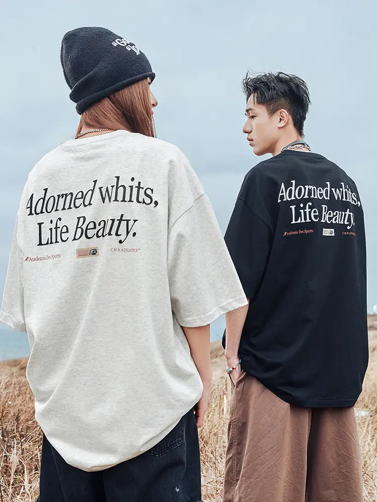 Helu Men's Letter Printed T-Shirt Black White Summer Loose Cotton - Image 4
