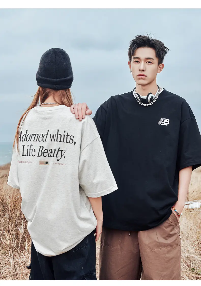 Helu Men's Letter Printed T-Shirt Black White Summer Loose Cotton — feature 11