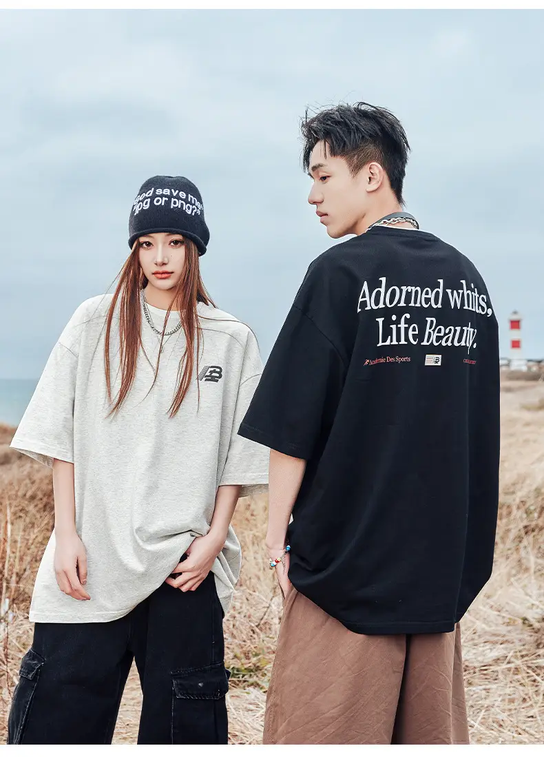Helu Men's Letter Printed T-Shirt Black White Summer Loose Cotton — feature 12