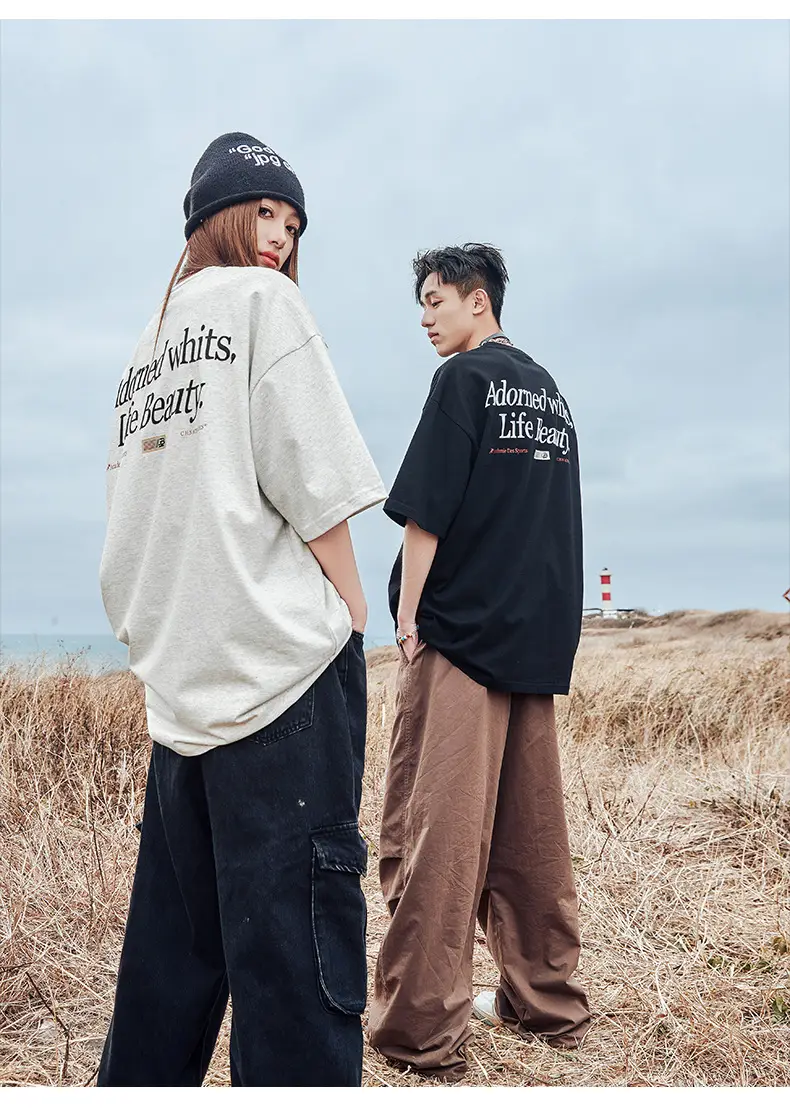 Helu Men's Letter Printed T-Shirt Black White Summer Loose Cotton — feature 14