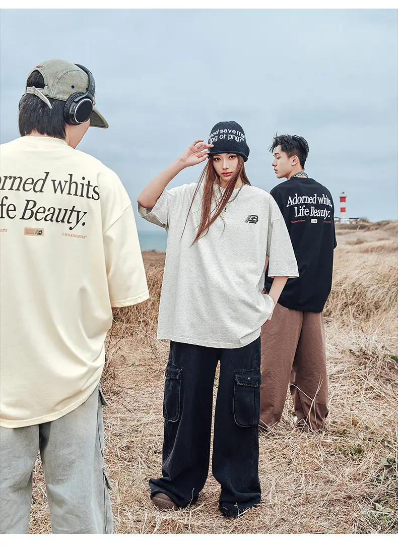Helu Men's Letter Printed T-Shirt Black White Summer Loose Cotton — feature 7