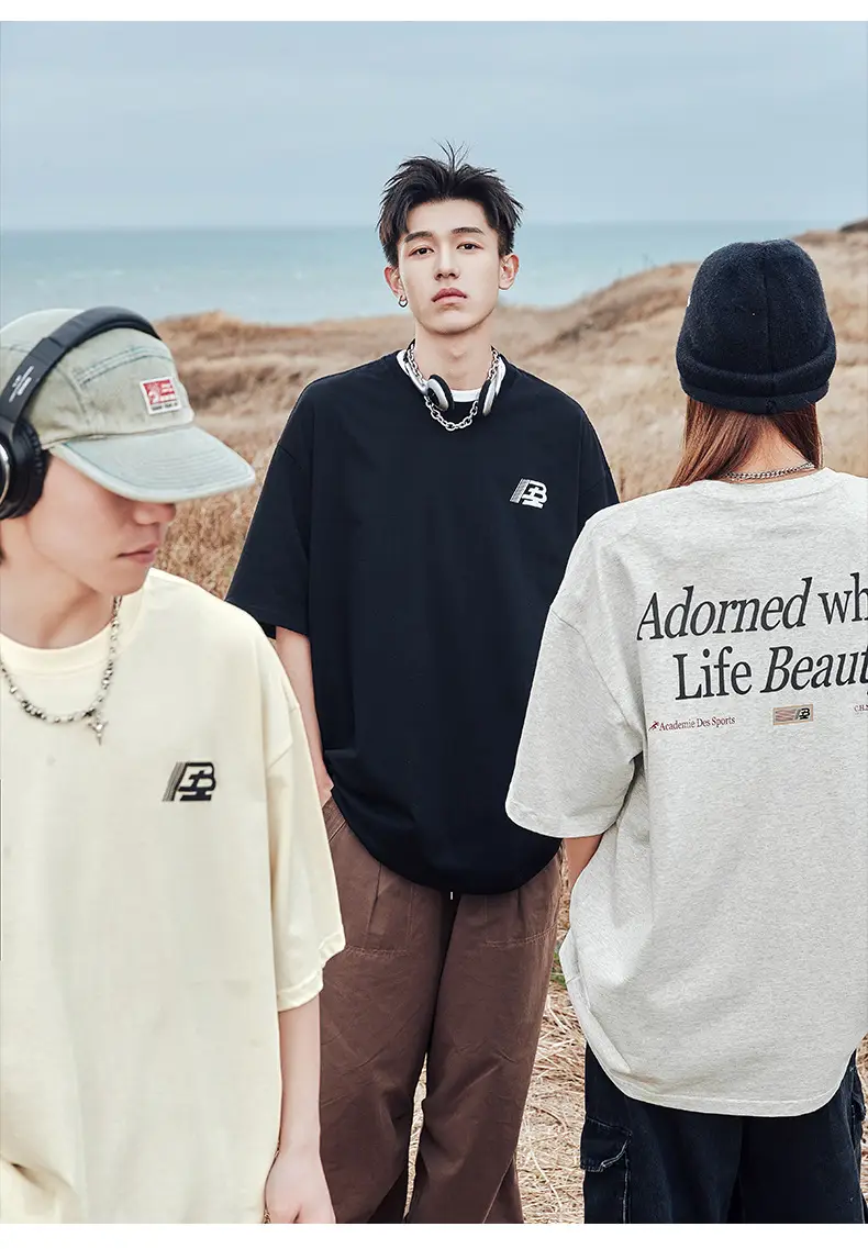 Helu Men's Letter Printed T-Shirt Black White Summer Loose Cotton — feature 8