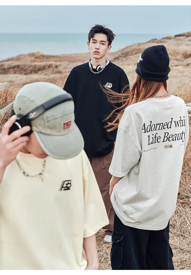 Helu Men's Letter Printed T-Shirt Black White Summer Loose Cotton — feature 9