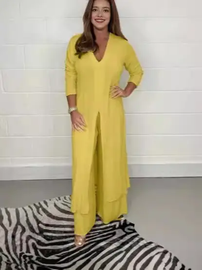 Women V-neck Long Sleeve Split Wide Pants Suit Solid Color
