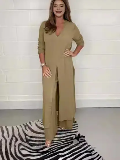 Women V-neck Long Sleeve Split Wide Pants Suit Solid Color
